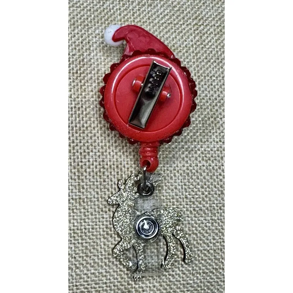 Santa With Glasses Handmade Badge Reel With Red Rhinestones On Alligator Clip